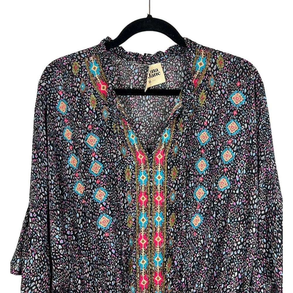 Savanna Jane Embroidered Leopard Print Top 2X Long Sleeve Blouson Boho Flutter - Picture 3 of 12